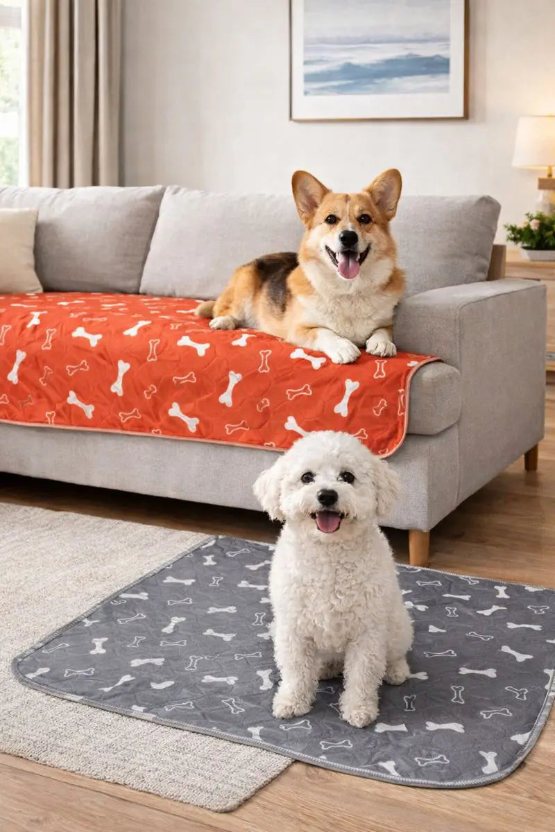 Two dogs using the PipiPad for Dogs. Absorbent Indoor Toilet Training Pad