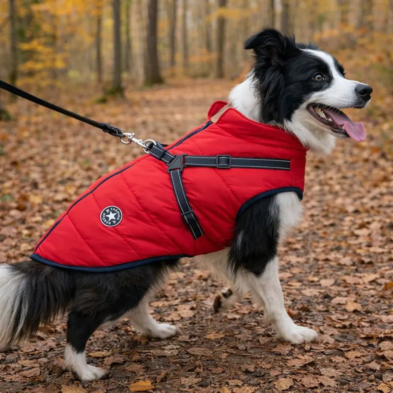 Dog is wearing Pawsnests Waterproof Dog Winter Jacket — Keep Your Pup Cozy & Dry